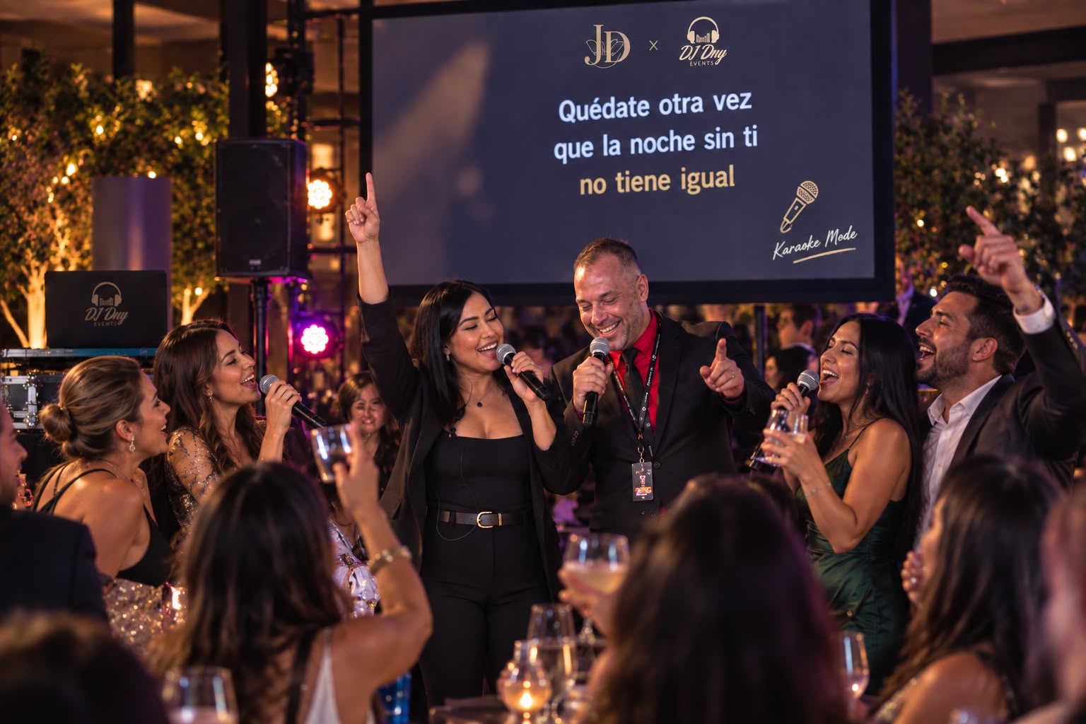 Experiencia de karaoke de JD y DJ DNY Events con los invitados cantando en un evento