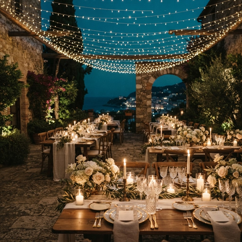 Terraza mediterránea iluminada con velas y guirnaldas durante una celebración nocturna