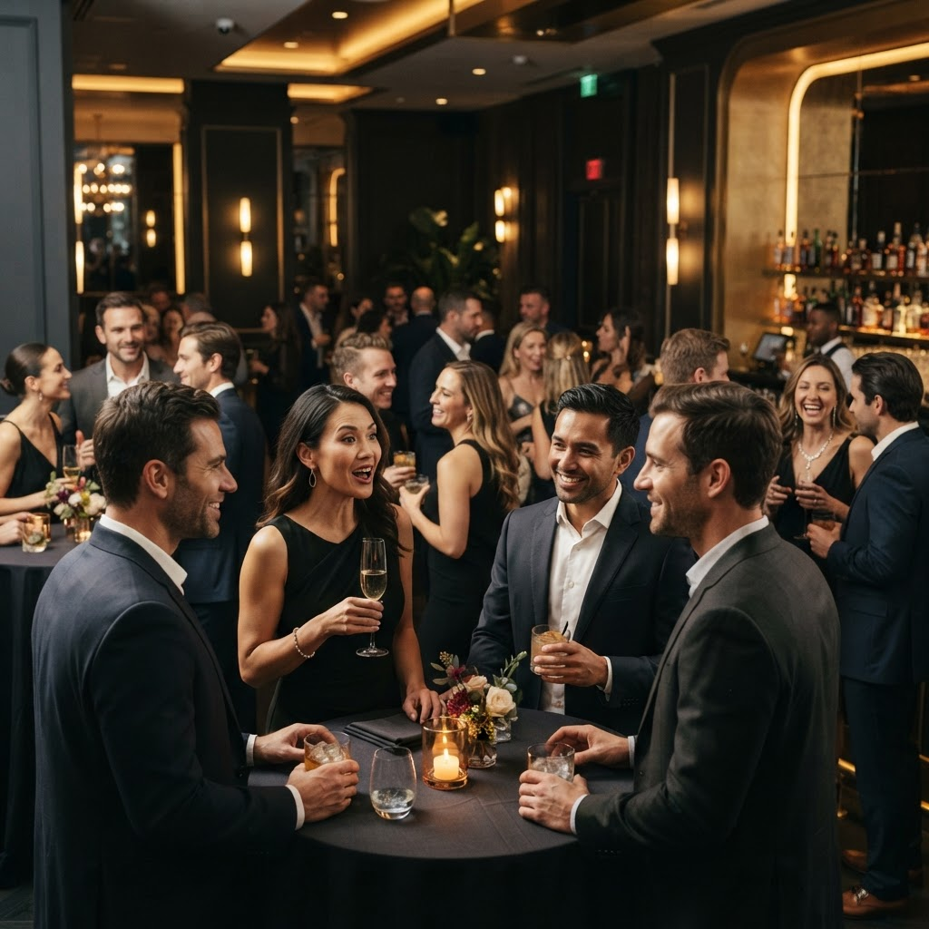 Recepción de un evento premium con iluminación cálida